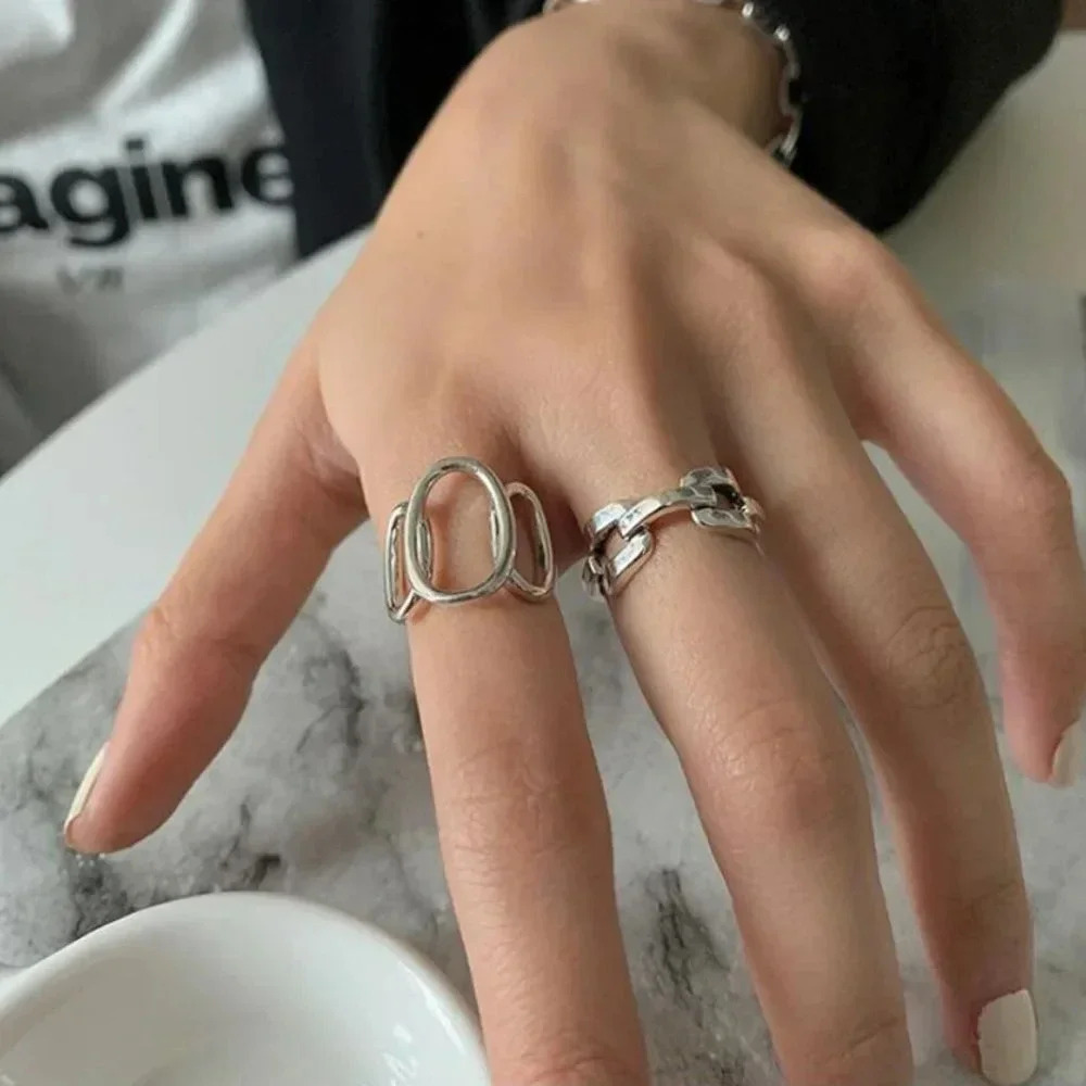 925 Sterling Silver Oval Link Ring Minimalist Silver Geometric Statement Ring - Picture 7 of 8